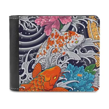 Мъжки портфейл с рибки кои и цветен модел за почивка и пътуване, леки преносими портфейли, кратък мъжки портфейл с татуировки якудза
