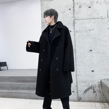 Мъжки пуловер, вязаный дълъг тренч, Луксозна дизайнерска зимна руното яке Y2K високо качество с цип, жилетка с качулка в корейски стил.