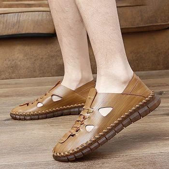 Мъжки сандали със затворени пръсти 2023, лятна мода, плажни обувки големи размери, модерен ежедневни кожени сандали-слипоны за мъже, лека обувки