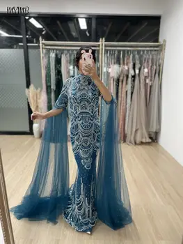 Наметало MYMB Синята Русалка с ръкави от мъниста, дантели, мюсюлмански сватбени рокли за партита 2024, арабски Луксозни рокли от тюл с висока воротом за официални събития