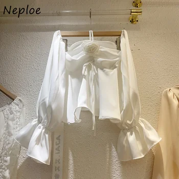 Неплое Лято, Корейски дизайн, Перлата на каишка, Висящи с врата, Блузи с открити рамене, Къс ръкав, Свободна Тънка риза Темпераментного стил 0