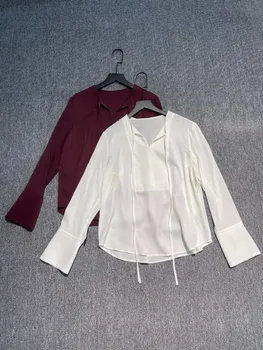 Нов дизайн, дамски модни коприна блуза-пуловер с дълги ръкави, Елегантна жена за работа в офис, универсални основни тениски с V-образно деколте и дантела