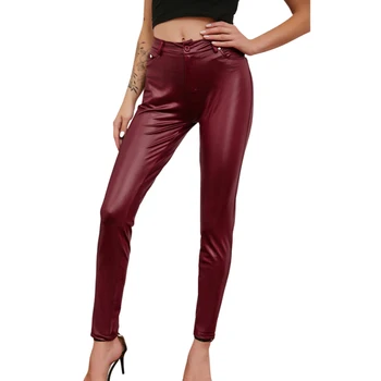 Нов стил от 2021 г., женски обикновена гамаши от изкуствена кожа, дамски панталони с висока талия, плътно прилепнали панталони с джобове, плюс размери S-XXXL