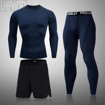 Нова мъжка тениска за бягане + долни шорти, спортен костюм от 3 теми, дрехи за фитнес, второто дълго бельо, комплекти, баскетболни леггинсов с минерална кожата
