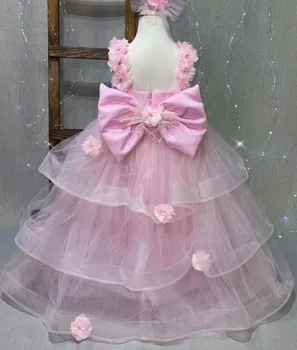 Нова рокля за момиче с истински цветя модел, Розова бална рокля от тюл с цветен модел рокля за принцеса рожден ден, сватба, бебешка рокля, рокля ръчна изработка с голям лък
