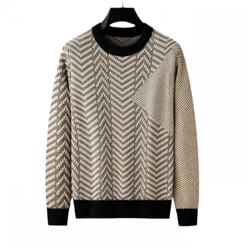 Нови есенно-зимни висококачествени модерен мъжки пуловер в контрастен цвят от изкуствена кожа; Красив случайни пуловер с кръгло деколте; Модерен мъжки