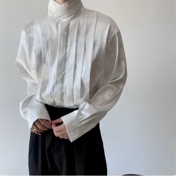 Нови мъжки и дамски ризи в ретро стил от китайски сатен и жакард с дълги ръкави и перлената катарама с висока деколте 0