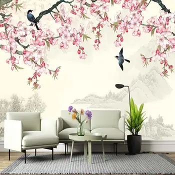 Новият китайски стил, внимателен цвете, птица, слива, мастило, 3D хол, спалня, потребителски самозалепващи се тапети, стенопис