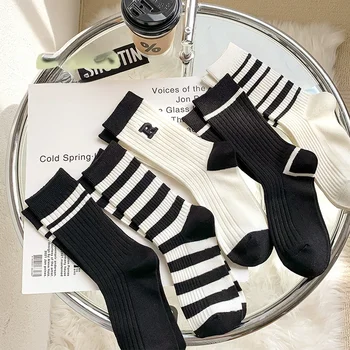 Памучни бебешки чорапи за деца, модни чорапи до коляното за момичета в черно-бяла ивица, Летни Дишащи училищни спортни чорапи