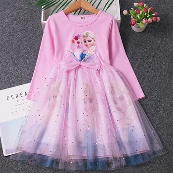 Пола принцеса Елза Дисни за момичета, пролетно-есенен детски дрехи Frozen рокля с пясъка модел