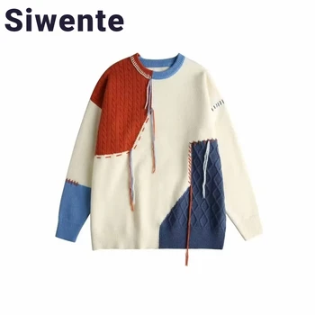 Популярната Корейска облекло 2024, Есенен пуловер с кръгло деколте, изработена от цветни блокове, Дамски пуловери, ръчно изработени