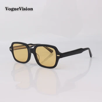 Правоъгълни слънчеви очила в черно ацетатна рамки за мъже и жени, модни очила с жълти лещи за улицата, очила с защита от uv
