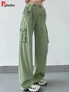 Пролетно-летни Дамски панталони-карго в Корейски стил, с висока талия и завязками, прави панталони, всекидневни Широки панталони Широките панталони, Новост 0