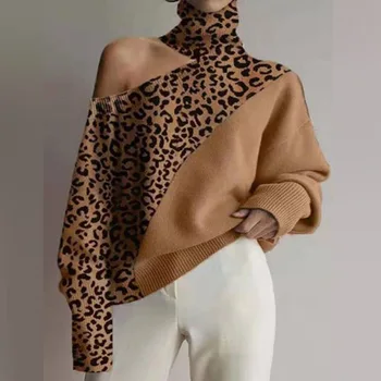 Пуловер с голям размер, Есенно-зимния Нов вязаный жена топ с леопардовым фигура и дълги ръкави и отворени рамене, с леопардовым модел, с дълъг ръкав