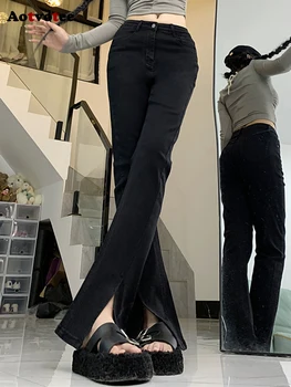 Разкроена дънки Aotvotee, дънкови панталони, Луксозен разрез, удобни Черни тесни дънки, Модни дънки пълна дължина с висока талия.