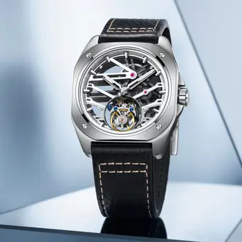 Реколта мъжки часовник Octagon с турбийоном, сапфирен огледало, механизъм с ръчно от кухи механични ръчни часовници с виртуален скелет, светещи