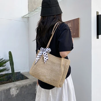 Ретро Женски сламени тъкани копринени панделки, големи чанти, чанти за пазаруване през рамо