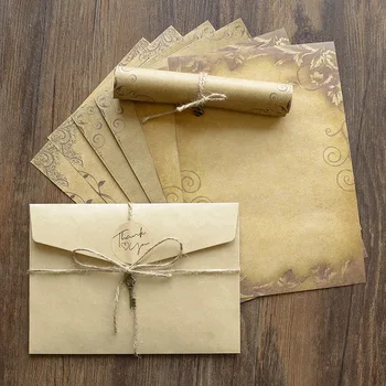 Ретро Ретро комплект бележник за писма в крафт-плик, В стила на Стара Европа, пликове за любовни писма, покани, Писане хартия с въже