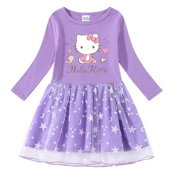 Рокля с дълги ръкави Sanrio hello kitty, пролет-есен нова рокля за момичета, памучно принцеса рокля с анимационни принтом от вкара прежди с дълъг ръкав