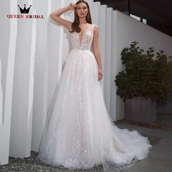 Романтична Сватбена рокля от Тюл с V-образно деколте в стил Бохо, Апликации от мъниста, Трапециевидное рокля с 3D цветя, Vestido De Noiva QZ05