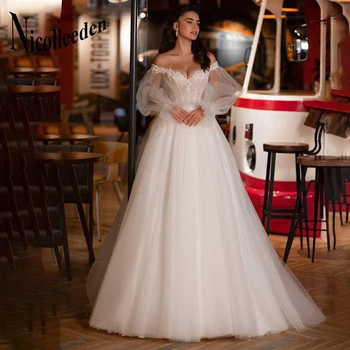 Сватбена рокля Nicolle Sweetheart, по-големи размери, дамски буйни ръкави, Дантелени апликации, сватбената рокля на поръчка