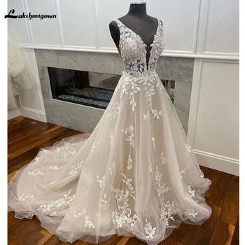 Сватбена рокля в стил Бохо цвят-светло шампанско 2023 Дантелени апликации Тюл Дълги Сватбени рокли за младоженци vestido de casamento princesa