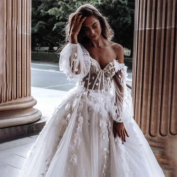 Сватбени рокли принцеса Mordern Sweetheart с открити рамене, дантелени апликации, 3D Цветя, тюлевые сватбени рокли Vestido De Новия