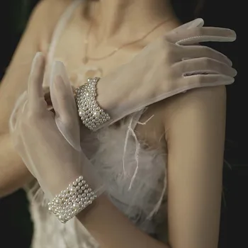 Секси елегантни Летни дантелени дамски къси сватбени ръкавици от тюл, ръкавици без пръсти с лък и перли, ръкавици за пръстите