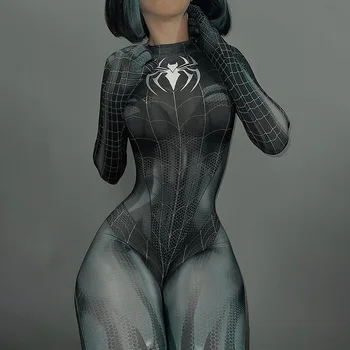 Секси костюм на супергерой Черна котка за cosplay жени-паяци, костюм за Хелоуин, Коледа монтиране гащеризон с 3D печат, боди