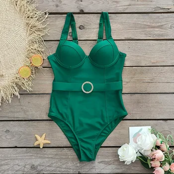 Секси монофонични зелено-синьо цял бански, дамски бански костюми 2023, монокини с push-up чашки и катарама, плажни бански костюми с подплата
