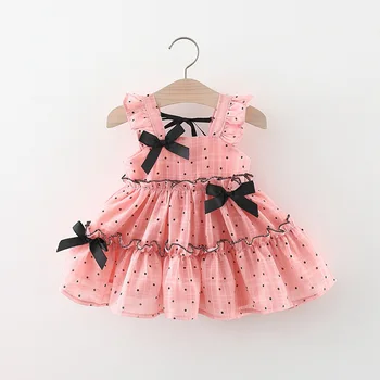 Сладко облекло за момичета, Детски рокля на принцеса, Лятна Рокля на спагети презрамки за бебета, Рокля на точки с лък и отворен гръб ADK2480