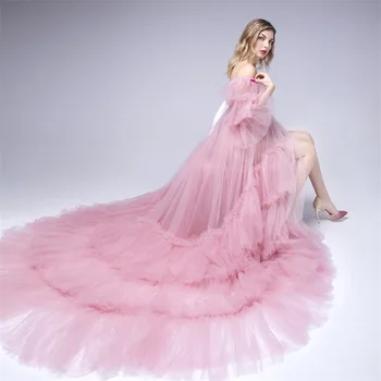 Снимка на Розов халат за бременни, пижами за фотография, Сшитое на поръчка Пищни тюлевое рокля Hi-Lo, халат за фотосесии на бременни