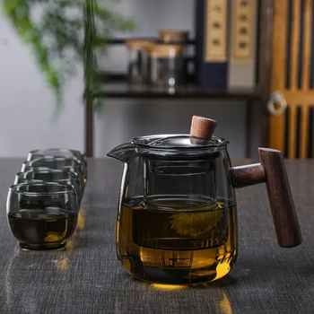 Стъклена кана за китайската чаена церемония с дървена дръжка, Прозрачен Набор от чаени аксесоари, Чаша С филтър от янпанского силиций с високо съдържание на Бор