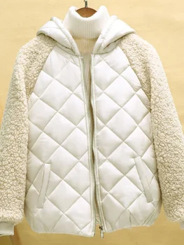 Тънка лека naka памучен сако, дамско късо палто, есен-зима, Дамски 2023 Нова Свободна памучен яке с качулка от изкуствена вълна агнешко месо 0