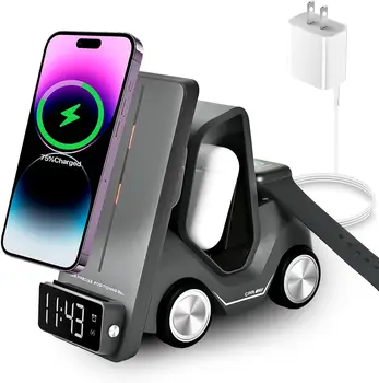 Универсална безжична зарядно устройство 5в1 за iPhone AirPods, умни часовници, автомобилен дизайн, адаптер за нощно осветление, Подкрепа на алармен часовник 0