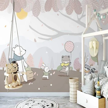 Фотообои скандинавските ръчно рисувани гори, сладък карикатура животни стени фаянс рисувани тъкани учат децата спалня фон стенен декор стенопис