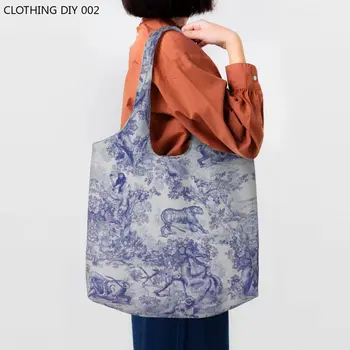 Френски Toile De Jouy, тъмно синьо, модел, чанти-тоут за пазаруване, животни, гора, цвете изкуство, хранителни стоки, холщовая чанта за пазаруване, наплечная чанта