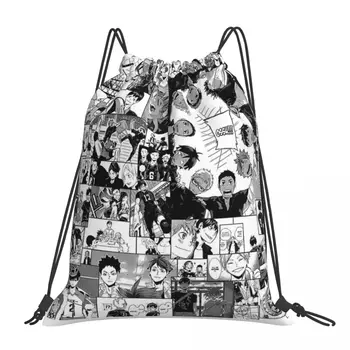 Хайкюу!! Колаж Karasuno Раници Ежедневни Drawstring Чанти Дантела Опаковка От Джоба Си Чифт Обувки, Чанта И Раница За Жени Училище