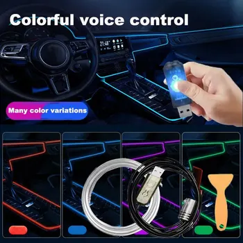 Цветно осветление на купето на автомобила Гласово Управление Декоративно Около EL Студено Осветление Гъвкави Неонови RGB Led лента USB оптична лампа