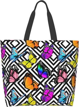 Черно-бяла раирана пеперуда, множество холщовая чанта през рамо с голям капацитет, ежедневни чанти-тоут