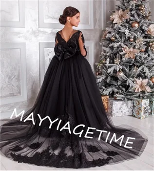 Черно тюлевое принцеса рокля за момичета с цветя модел, лейси апликация на врата, с дълъг ръкав, детски рокля за първо причастие, Размер от 1 до 16 години