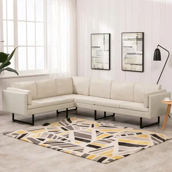 Ъглов диван 255 х 199,5 x 62,5 см - дървена рамка, стомана стъбло, приятна на допир полиестерен плат кремав цвят
