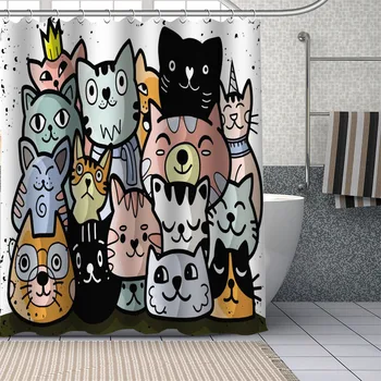завеси за душ със забавни анимационни котка, сладко домашни любимци за деца, кърпа от водоустойчив полиестер, Аксесоари за баня, начало декор, завеса за баня