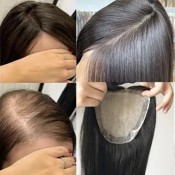 коприна topper от човешки косъм, размер 6x6 см с 2 см с антиоксидантна полиуретанова боя покритие около топпера от естествени човешки Права коса за жени 0