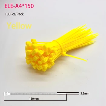 пластмасов самостоятелно блокиране на Пластмасов жълт найлонов вратовръзка 4x150 мм, 100 бр/пакет, каишка с цип, найлонова кабелна замазка с няколко връзки