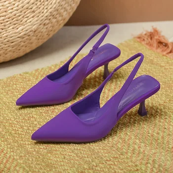 престижна лилави сандали от еластична прежда, дамски летни обувки на висок ток с остър пръсти, дамски джапанки-гладиатори, sandalias mujer