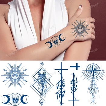 слънцето, луната, кръст, компас, татуировка, стикер, мастила за сок, трайна татуировка на ръката, на ръкав, ръка, боди арт, временни татуировки за жени и момичета