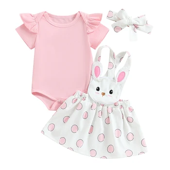 Citgeett Годишният Великденски комплект дрехи за новородени момичета, монофонични гащеризон с къси ръкави, поли с кроличьими лямками, гащеризон, комплект превръзка на главата 1