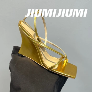 JIUMIJIUMI Кожени Сандали ръчна изработка на платформа с каишка на щиколотке, Тясна лента, Джапанки на танкетке, Сандали на токчета, Лятна обувки Zapatos Mujer 1