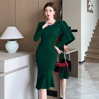 Ofallsis Модерен стил, Вечерна рокля-пуловер с мъниста, есен-зима 2024, Нови плетени рокли със средна дължина, с мирис на формата на рибено опашката 1